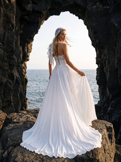 Lace and Crepe Georgette A-Line Wedding Dress with Slit — Illusion 2027, photograph 3
