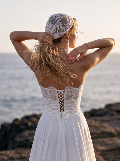 Lace and Crepe Georgette A-Line Wedding Dress with Slit — Illusion 2027, photograph 4