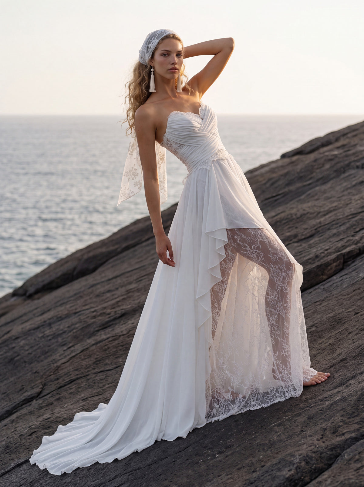 Lace and Crepe Georgette A-Line Wedding Dress with Slit — Illusion 2027, photograph 6