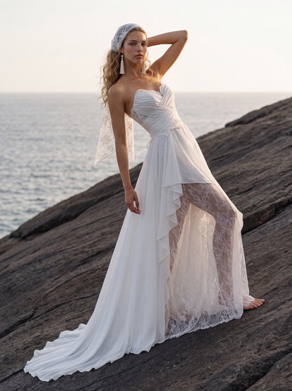 Lace and Crepe Georgette A-Line Wedding Dress with Slit — Illusion 2027, photograph 6