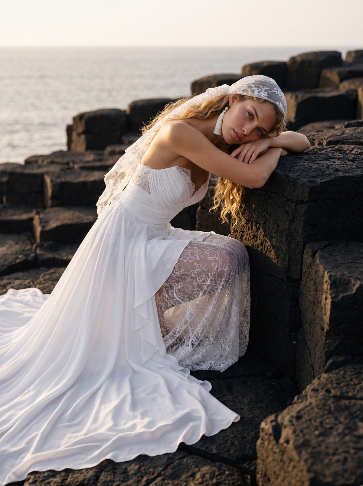 Lace and Crepe Georgette A-Line Wedding Dress with Slit — Illusion 2027, photograph 8