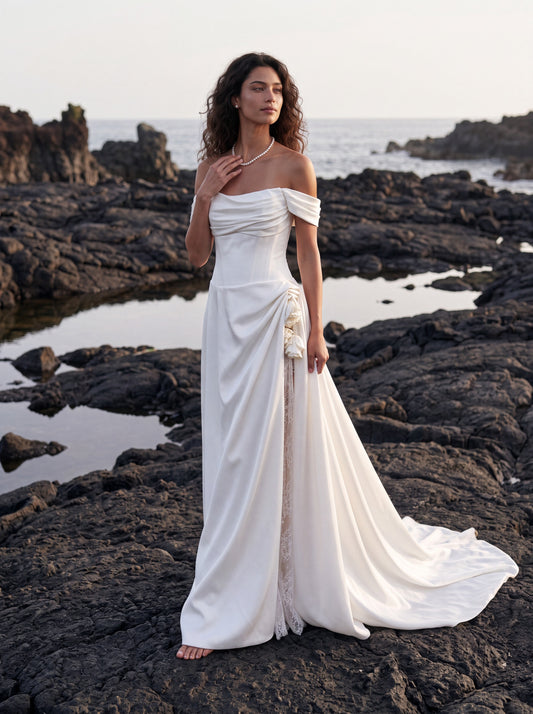 Mikado Wedding Dress with Off-Shoulder Lace and Draped Skirt — Illusion 2027, photograph 1