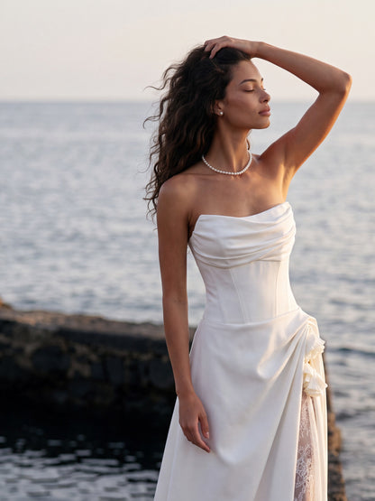 Mikado Wedding Dress with Off-Shoulder Lace and Draped Skirt — Illusion 2027, photograph 2
