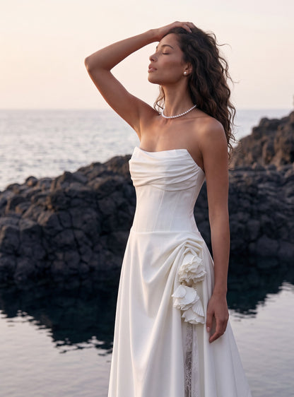 Mikado Wedding Dress with Off-Shoulder Lace and Draped Skirt — Illusion 2027, photograph 3