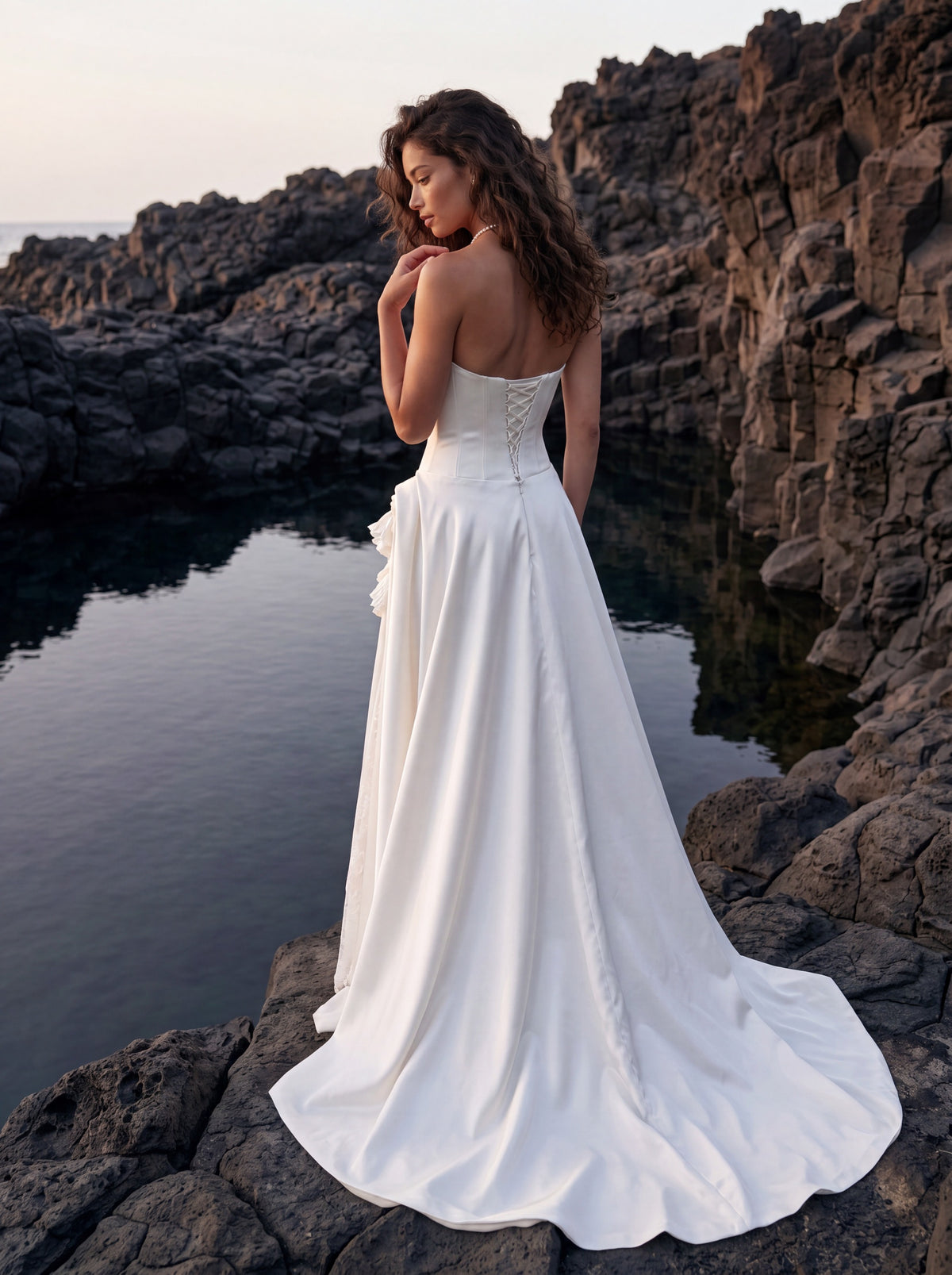 Mikado Wedding Dress with Off-Shoulder Lace and Draped Skirt — Illusion 2027, photograph 4