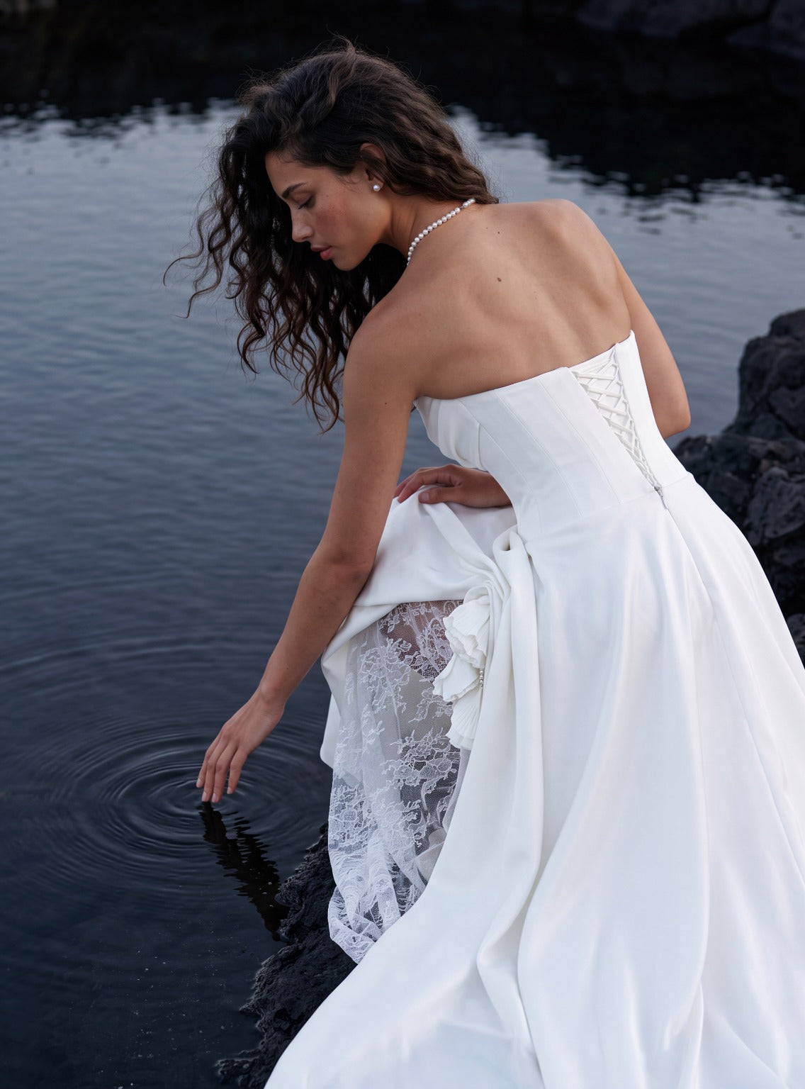 Mikado Wedding Dress with Off-Shoulder Lace and Draped Skirt — Illusion 2027, photograph 5