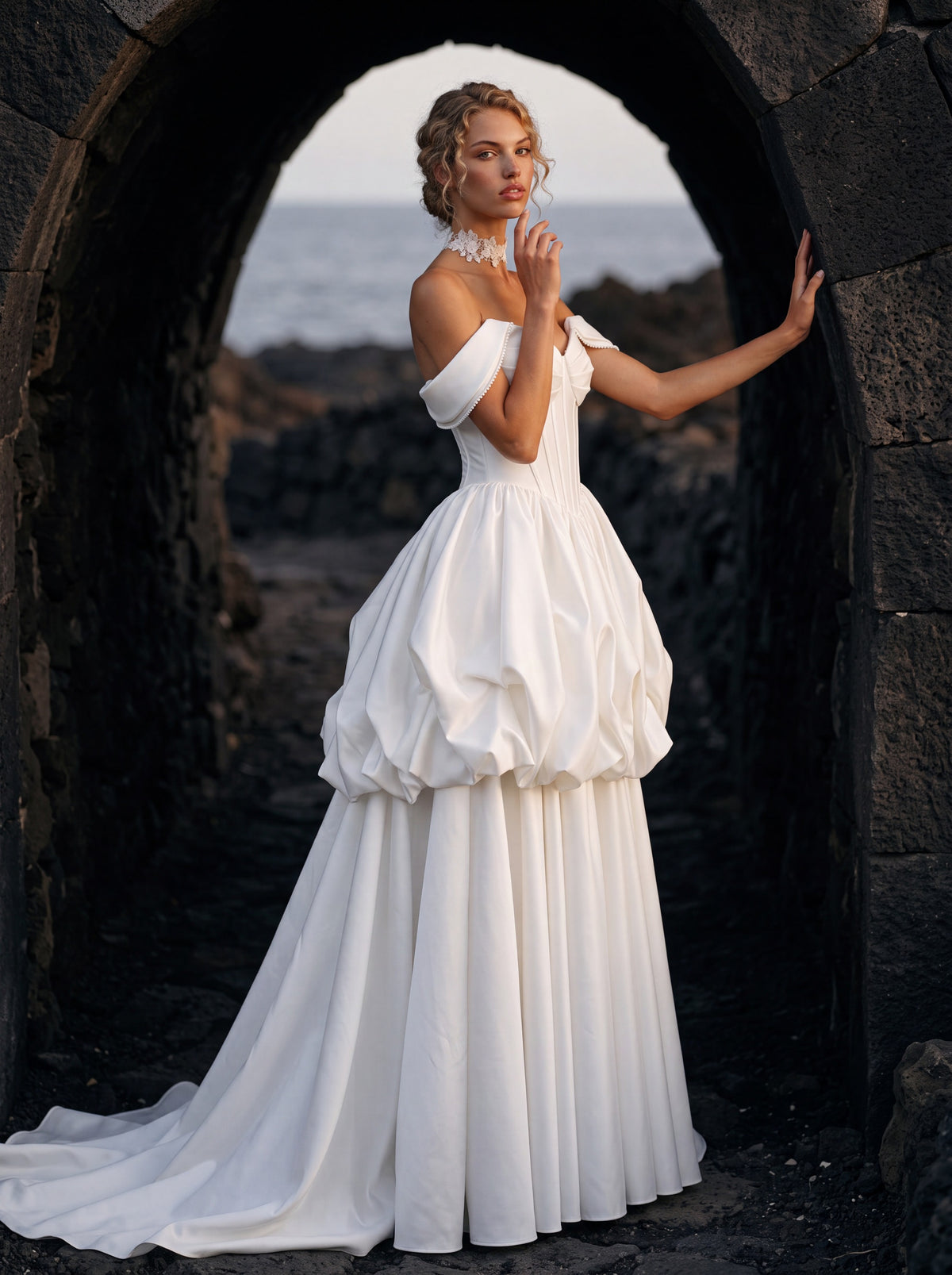 Satin A-Line Wedding Dress with Off-Shoulder Bubble Peplum — Illusion 2027, photograph 1