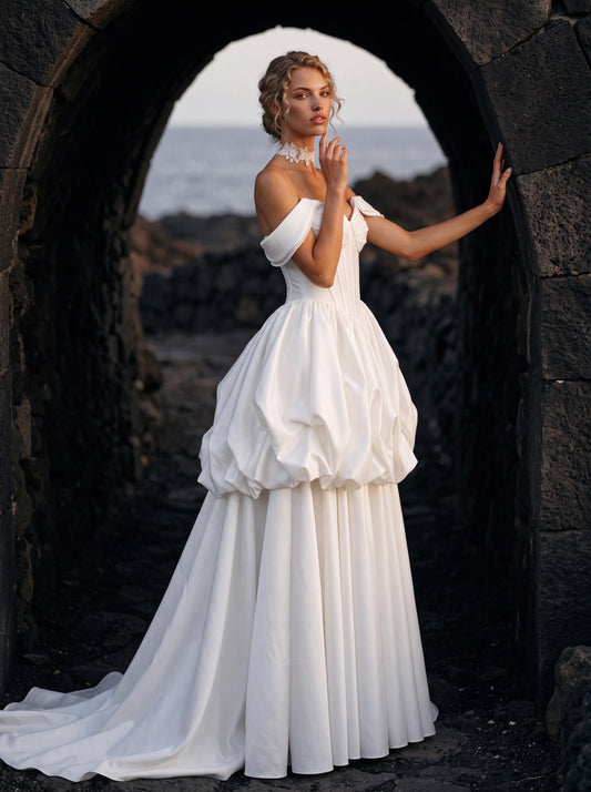 Satin A-Line Wedding Dress with Off-Shoulder Bubble Peplum — Illusion 2027, photograph 1