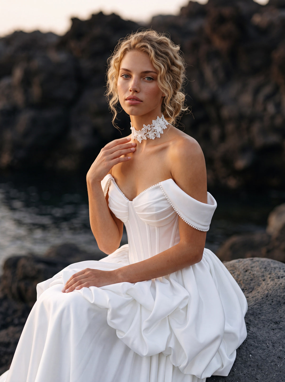 Satin A-Line Wedding Dress with Off-Shoulder Bubble Peplum — Illusion 2027, photograph 2