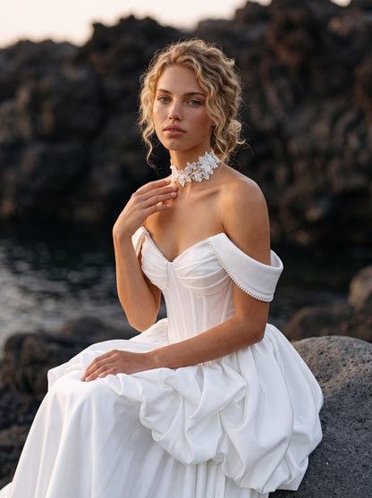 Satin A-Line Wedding Dress with Off-Shoulder Bubble Peplum — Illusion 2027, photograph 2