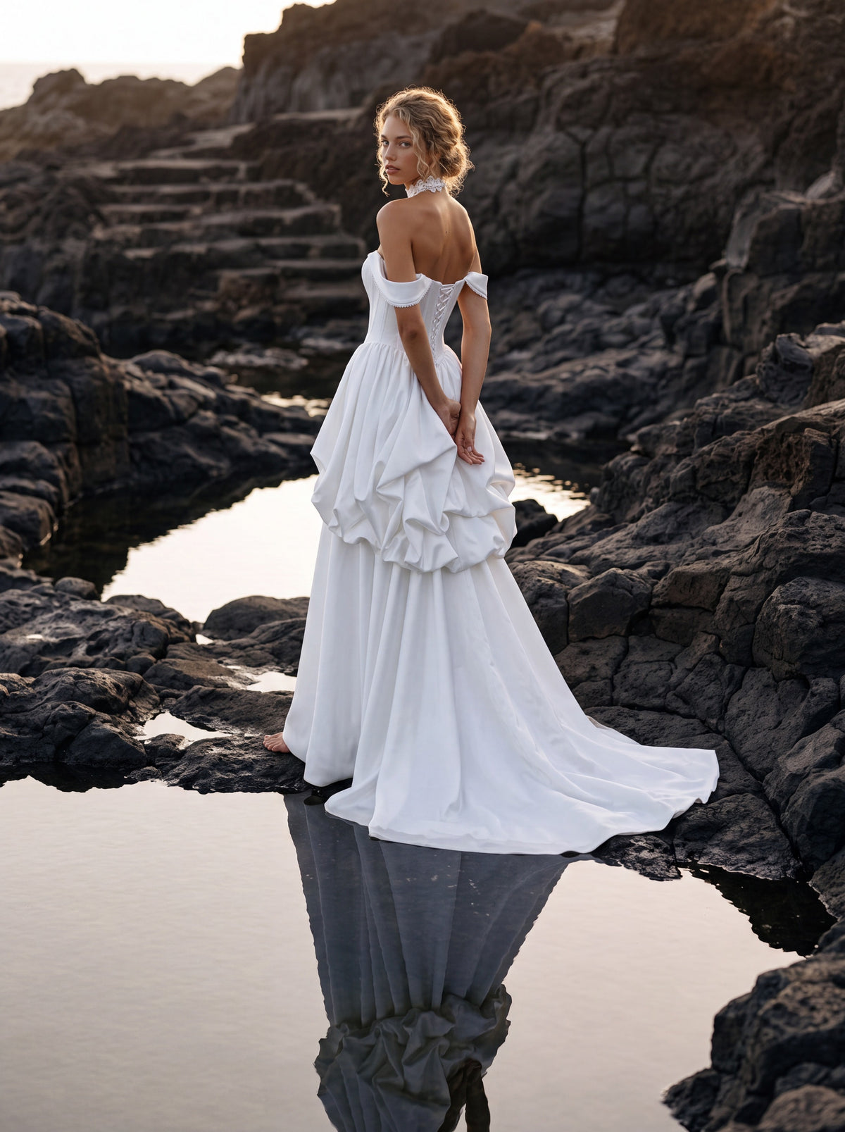 Satin A-Line Wedding Dress with Off-Shoulder Bubble Peplum — Illusion 2027, photograph 3