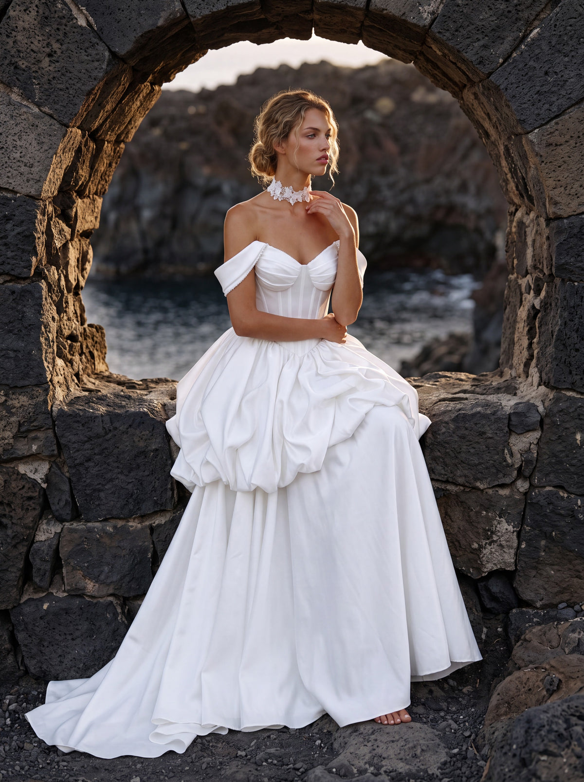 Satin A-Line Wedding Dress with Off-Shoulder Bubble Peplum — Illusion 2027, photograph 5