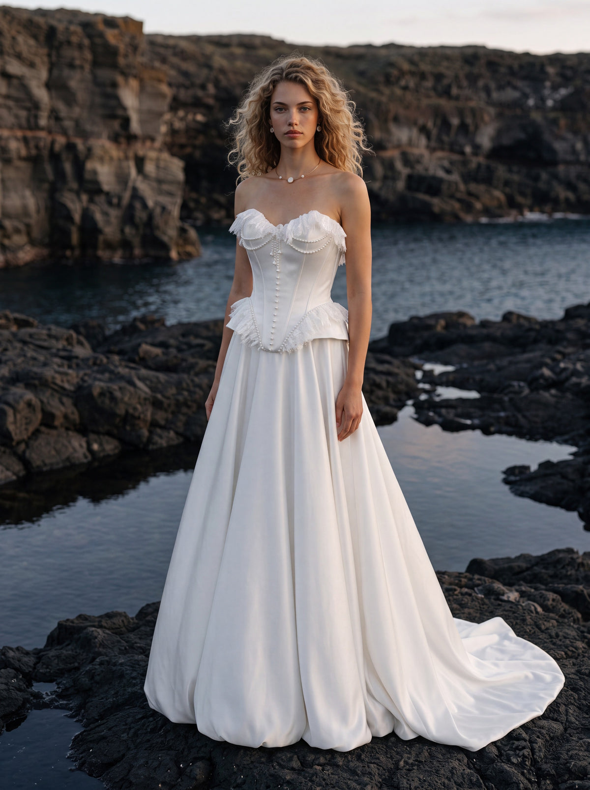 Satin and Lace A-Line Wedding Dress with Peplum Corset — Illusion 2027, photograph 1