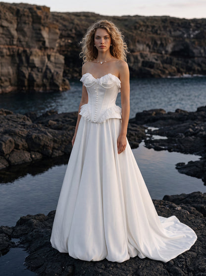 Satin and Lace A-Line Wedding Dress with Peplum Corset — Illusion 2027, photograph 1