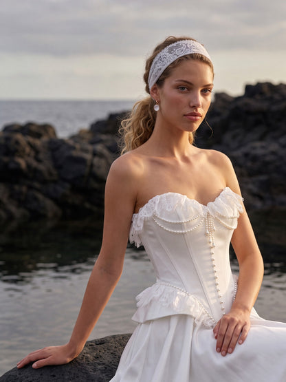 Satin and Lace A-Line Wedding Dress with Peplum Corset — Illusion 2027, photograph 2