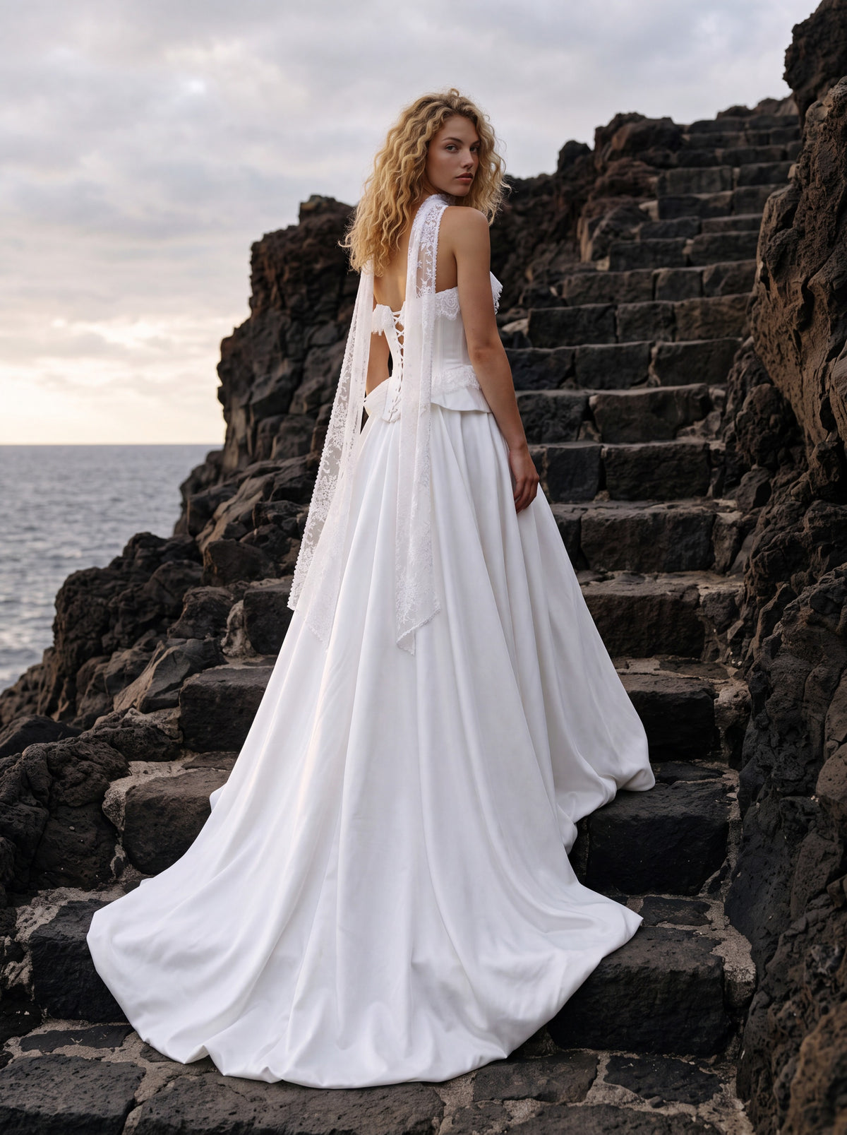 Satin and Lace A-Line Wedding Dress with Peplum Corset — Illusion 2027, photograph 3
