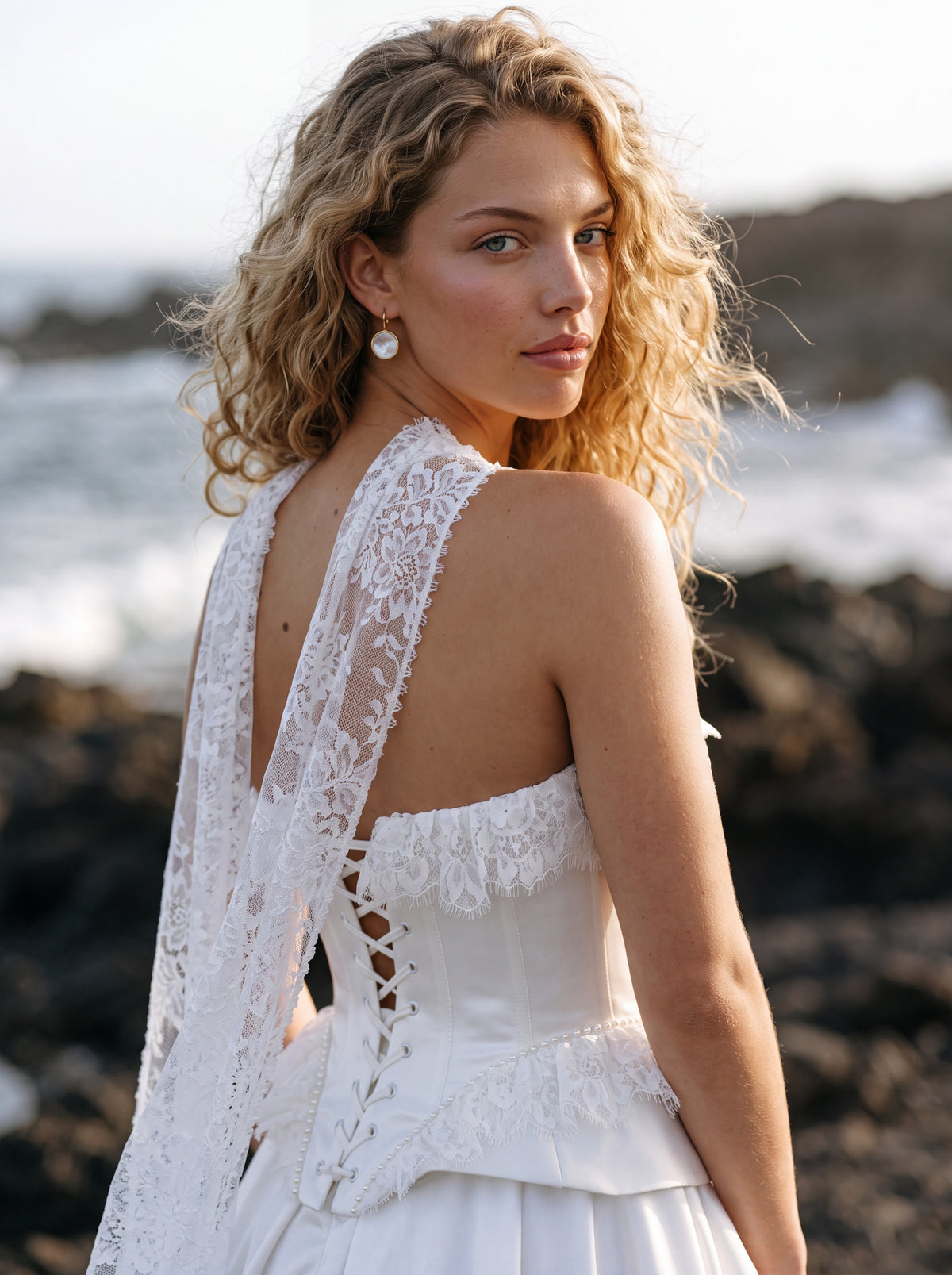 Satin and Lace A-Line Wedding Dress with Peplum Corset — Illusion 2027, photograph 4