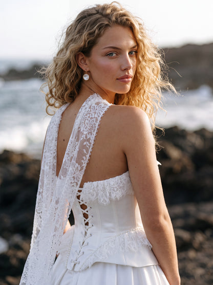 Satin and Lace A-Line Wedding Dress with Peplum Corset — Illusion 2027, photograph 4