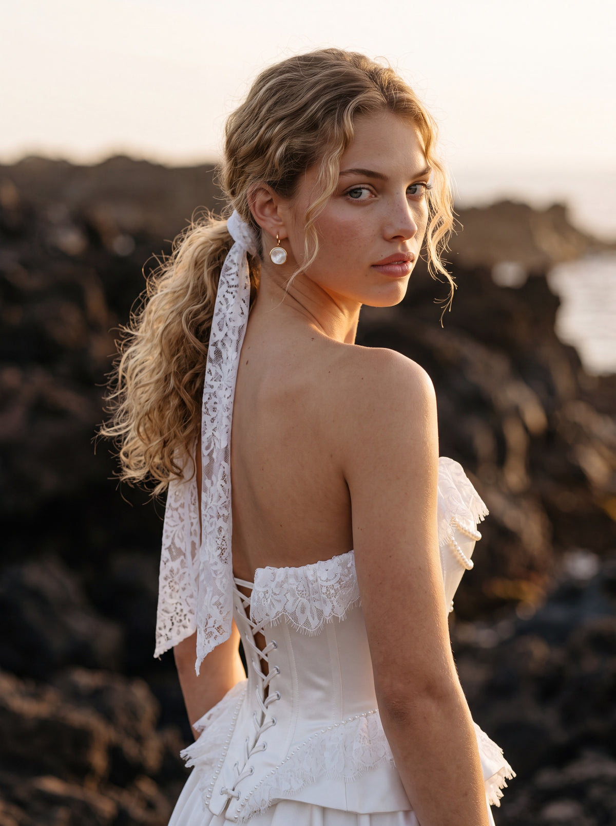 Satin and Lace A-Line Wedding Dress with Peplum Corset — Illusion 2027, photograph 5