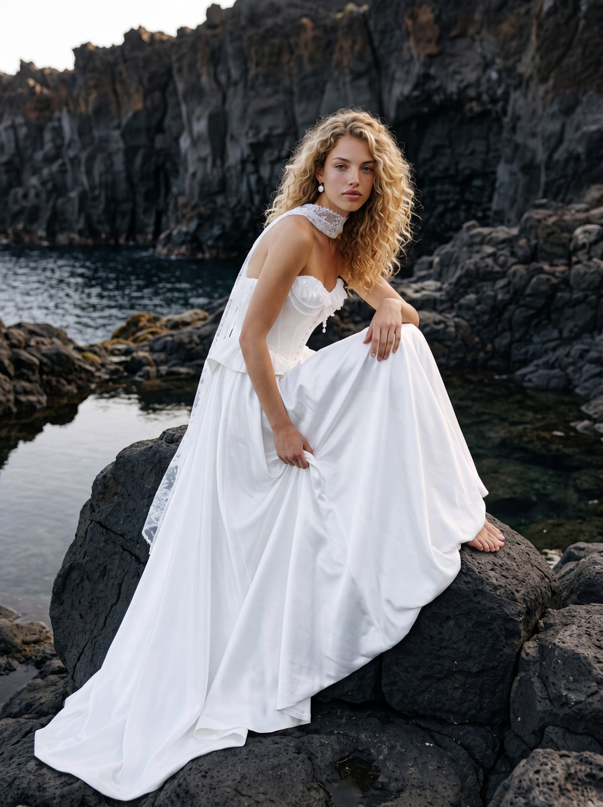 Satin and Lace A-Line Wedding Dress with Peplum Corset — Illusion 2027, photograph 6