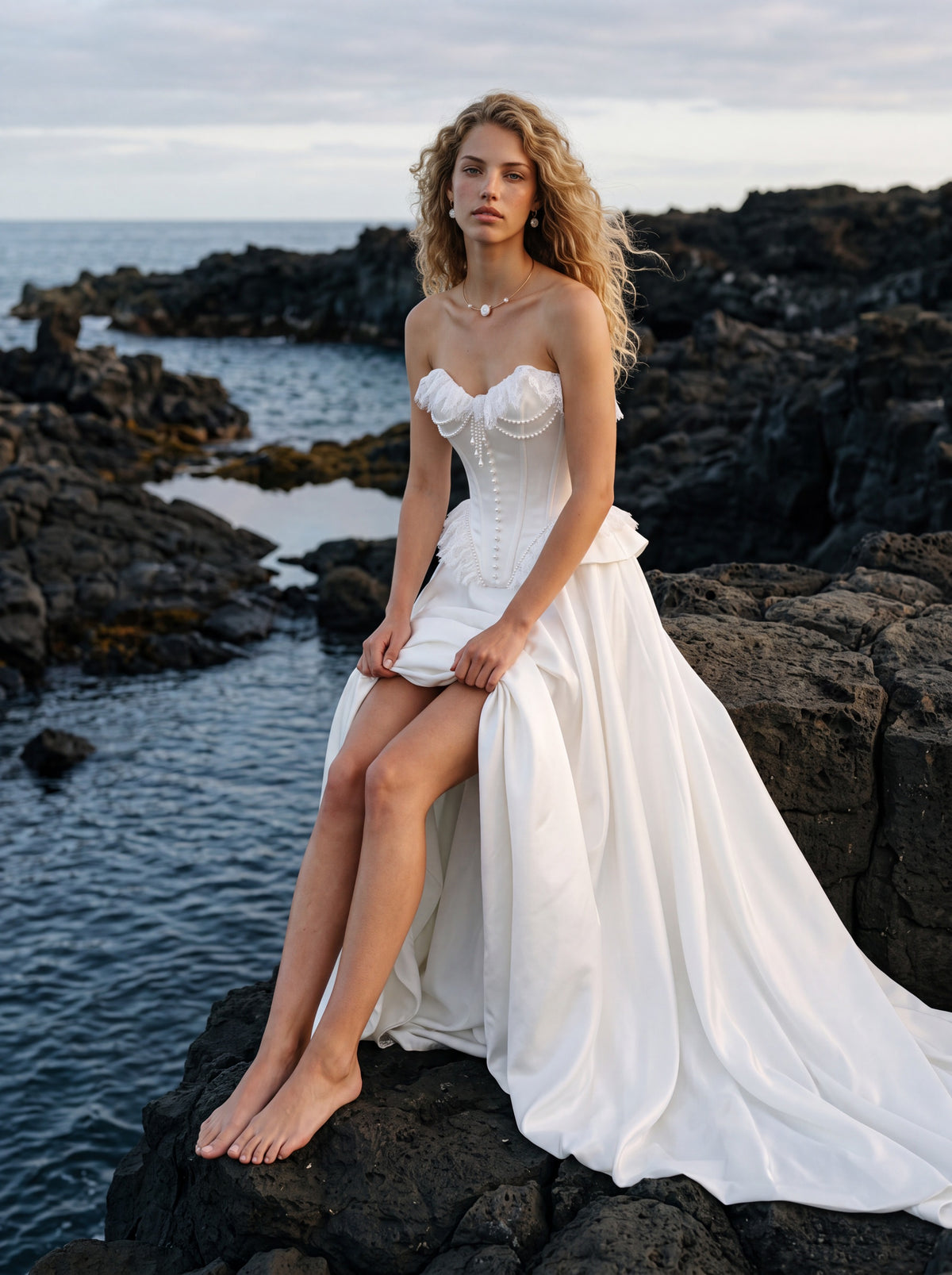 Satin and Lace A-Line Wedding Dress with Peplum Corset — Illusion 2027, photograph 7