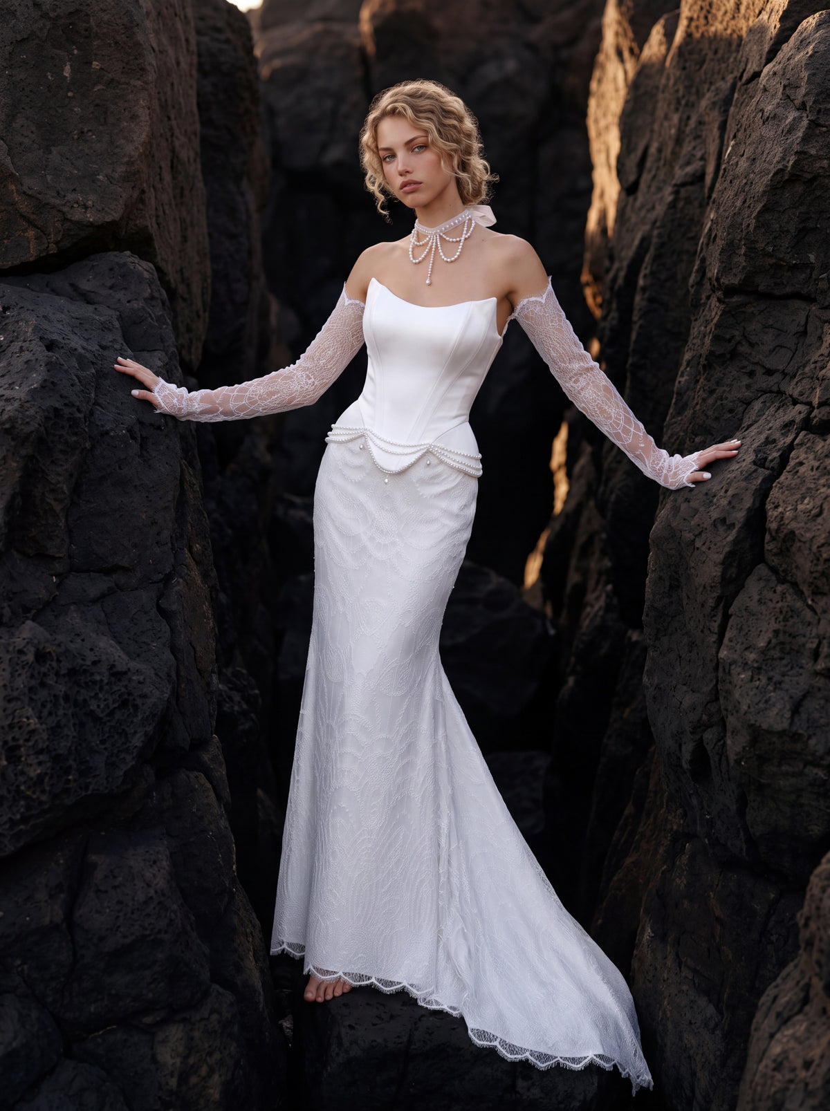 Satin and Lace Mermaid Wedding Dress with Peplum Corset — Illusion 2027, photograph 1