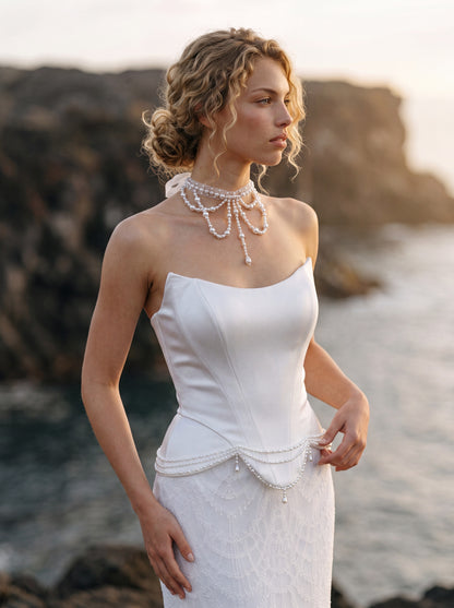 Satin and Lace Mermaid Wedding Dress with Peplum Corset — Illusion 2027, photograph 2
