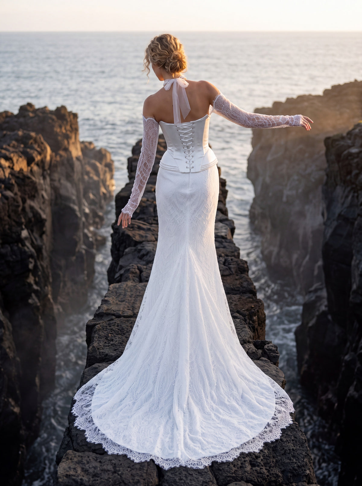 Satin and Lace Mermaid Wedding Dress with Peplum Corset — Illusion 2027, photograph 3