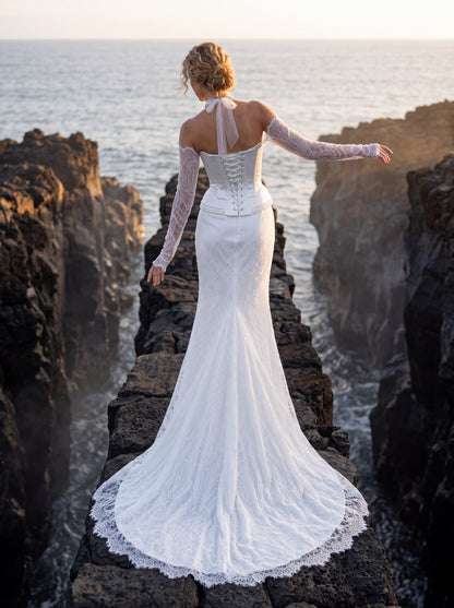 Satin and Lace Mermaid Wedding Dress with Peplum Corset — Illusion 2027, photograph 3