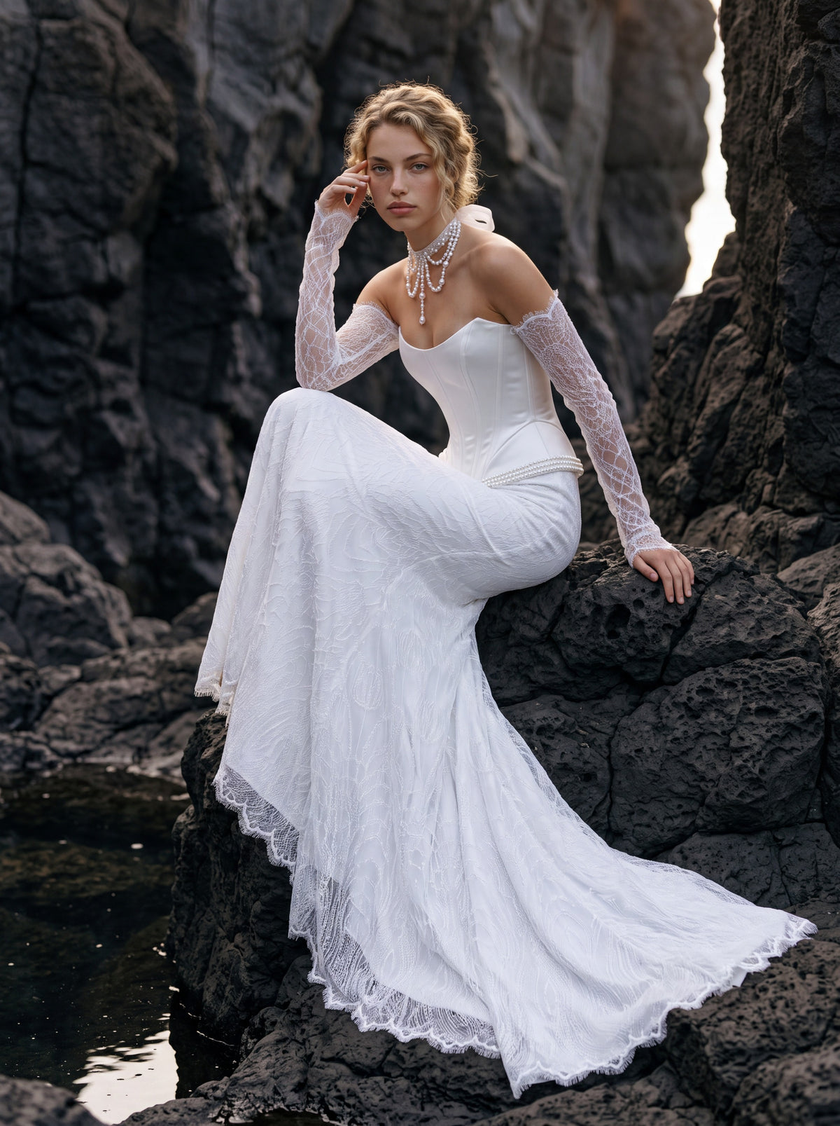 Satin and Lace Mermaid Wedding Dress with Peplum Corset — Illusion 2027, photograph 6
