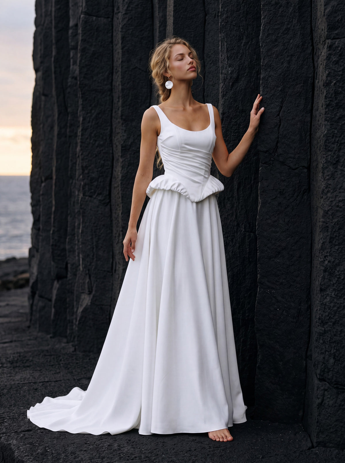 Satin Corset A-Line Wedding Dress with Peplum Waist — Illusion 2027, photograph 1