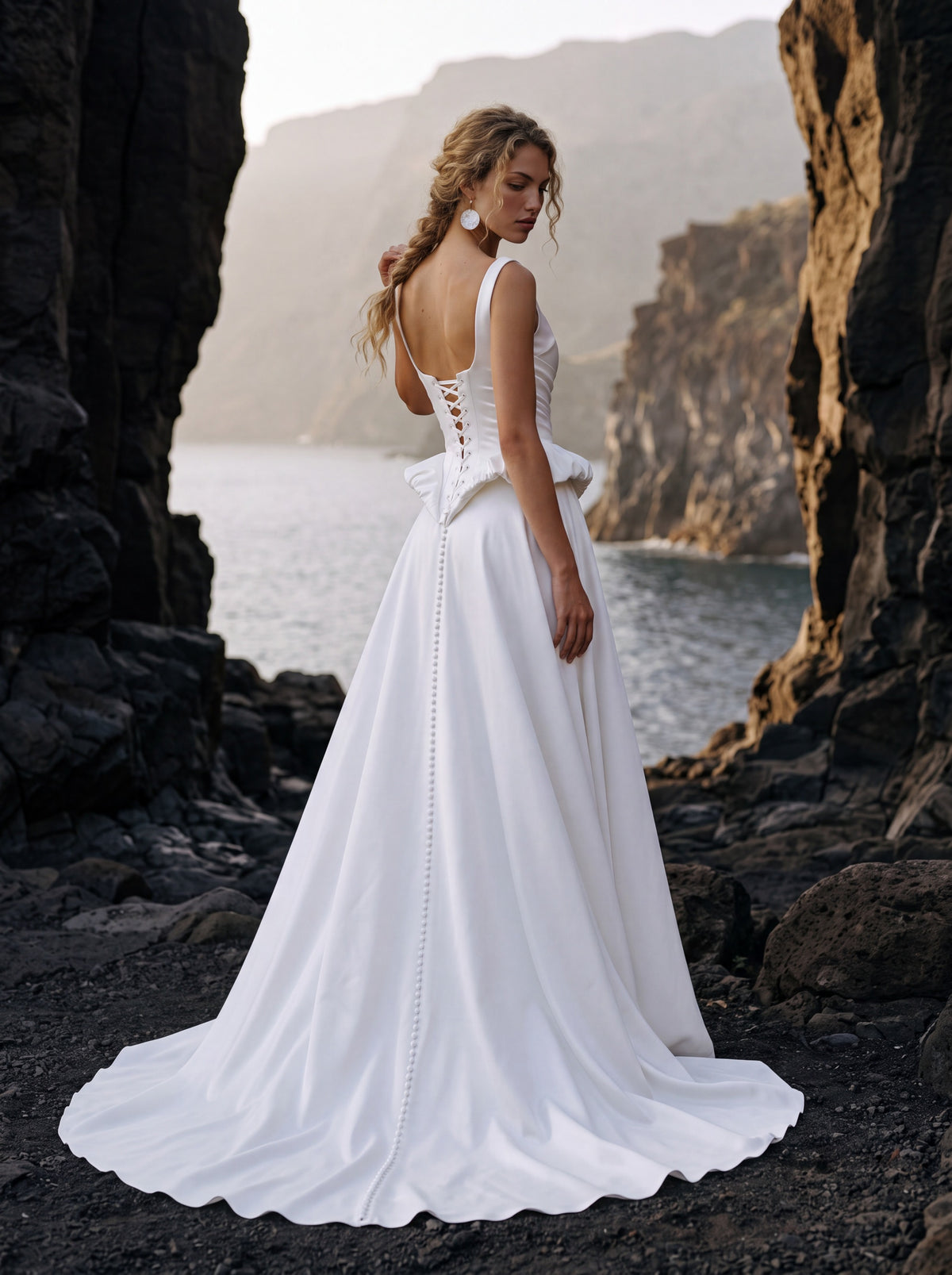 Satin Corset A-Line Wedding Dress with Peplum Waist — Illusion 2027, photograph 3