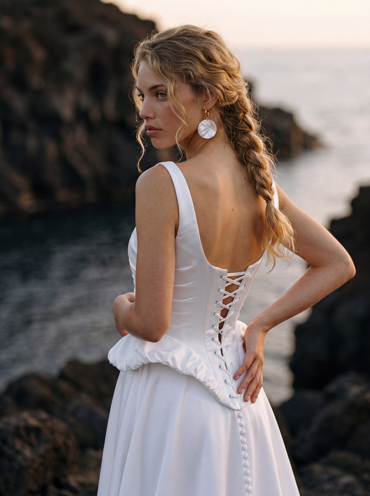 Satin Corset A-Line Wedding Dress with Peplum Waist — Illusion 2027, photograph 4