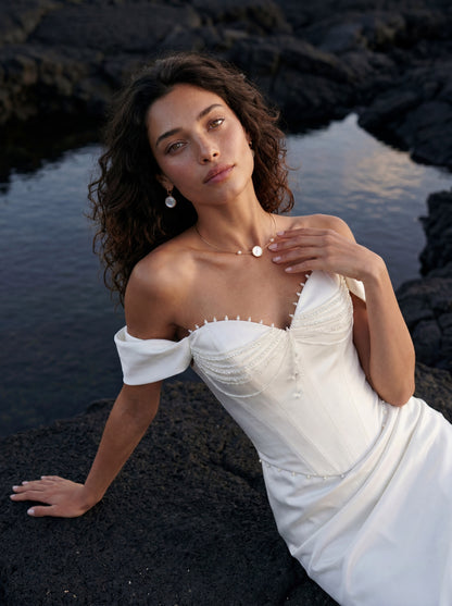 Satin Corset Wedding Dress with Draped Slit Skirt — Illusion 2027, photograph 3