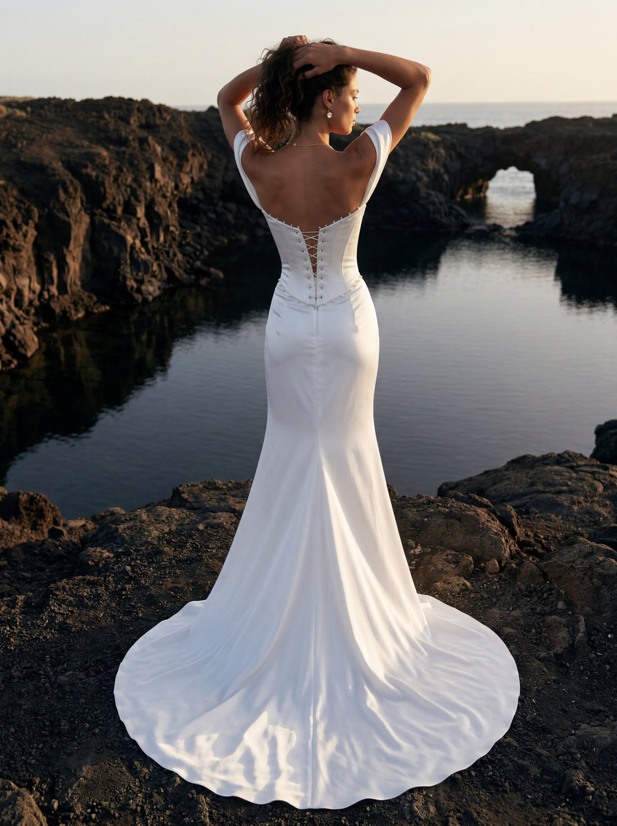 Satin Corset Wedding Dress with Draped Slit Skirt — Illusion 2027, photograph 5