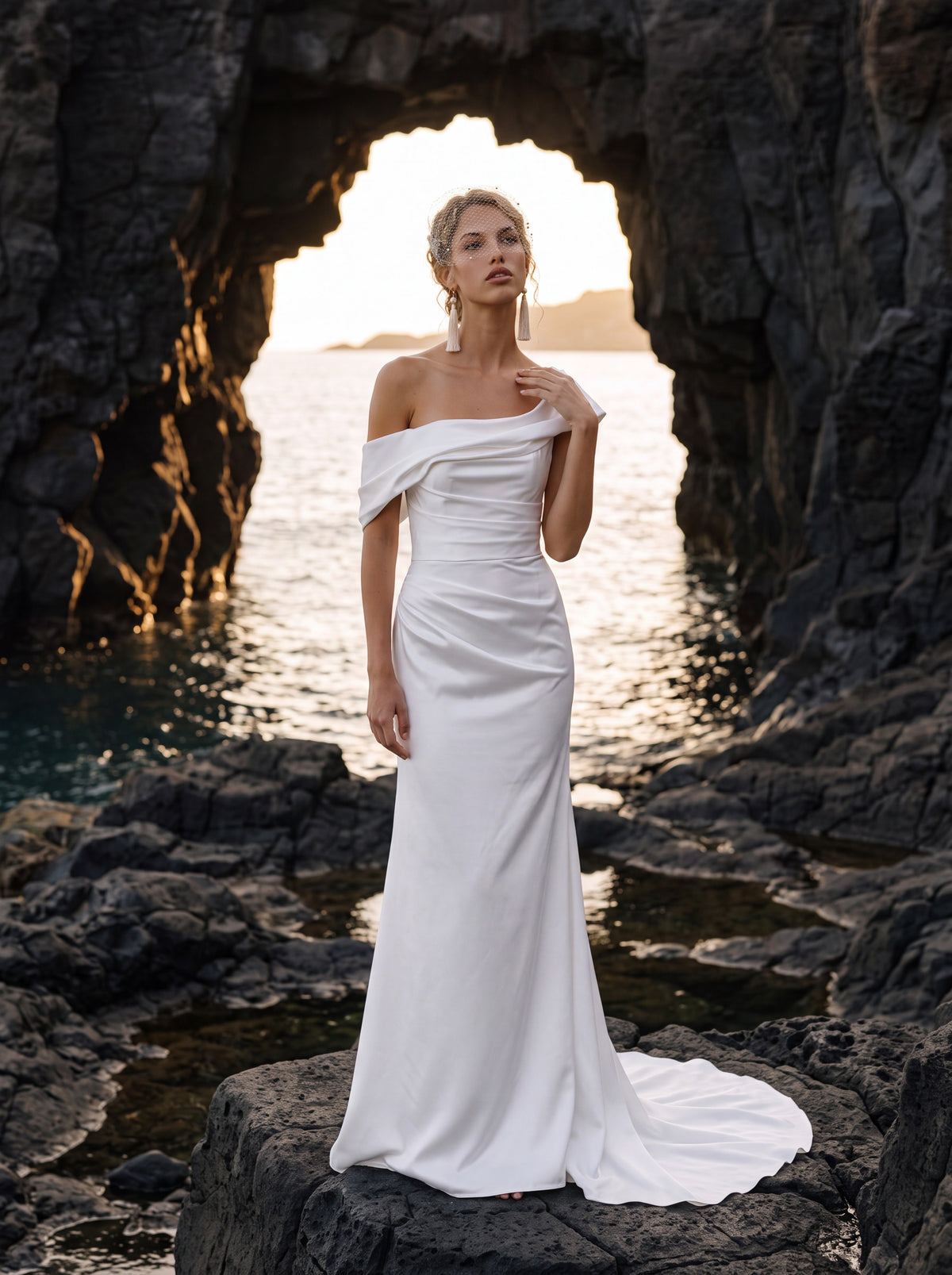 Satin Mermaid Wedding Dress with Off-Shoulder Draping — Illusion 2027, photograph 1