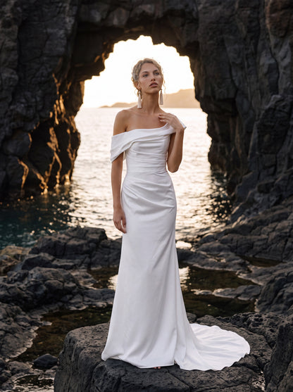 Satin Mermaid Wedding Dress with Off-Shoulder Draping — Illusion 2027, photograph 1