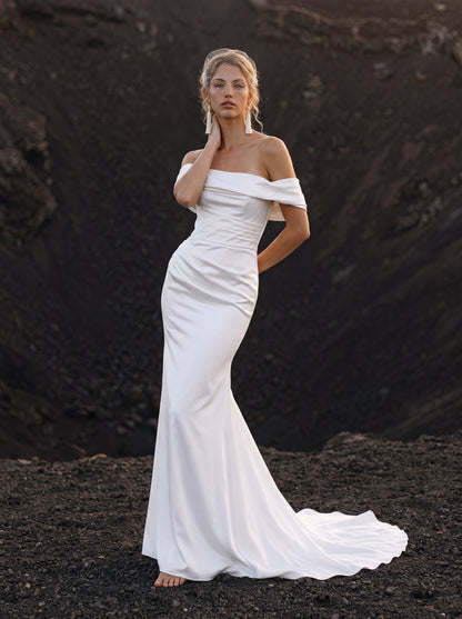 Satin Mermaid Wedding Dress with Off-Shoulder Draping — Illusion 2027, photograph 10