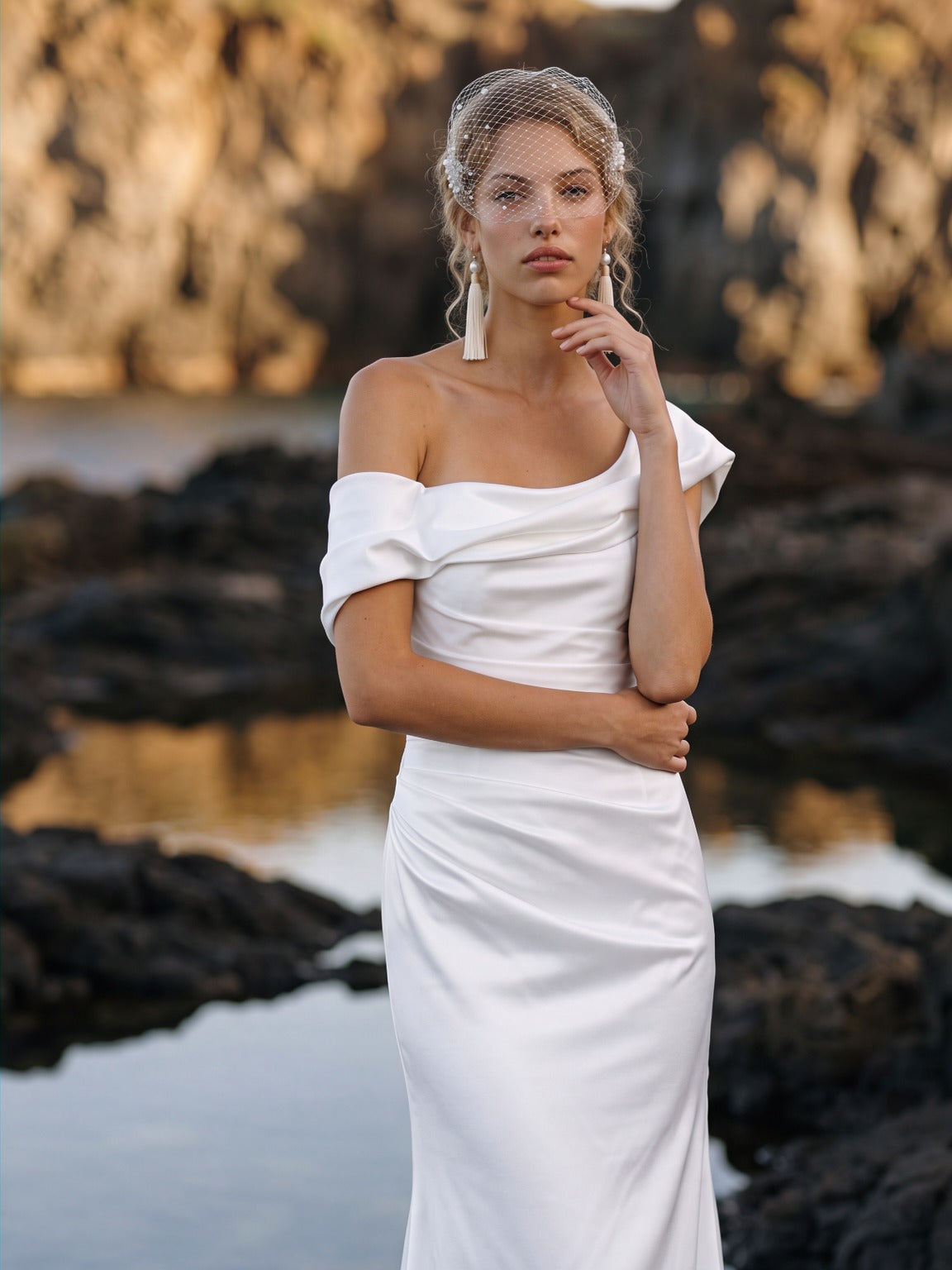 Satin Mermaid Wedding Dress with Off-Shoulder Draping — Illusion 2027, photograph 2