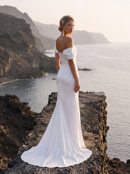 Satin Mermaid Wedding Dress with Off-Shoulder Draping — Illusion 2027, photograph 4