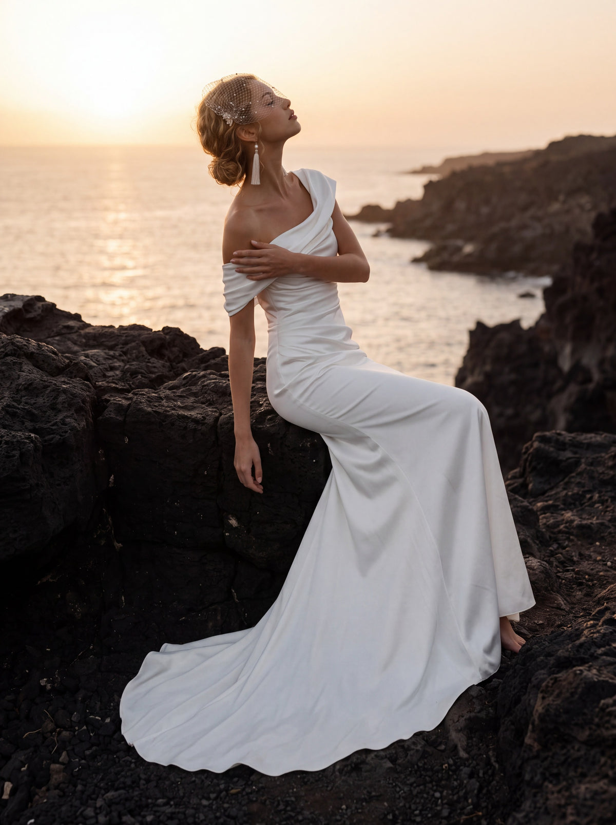Satin Mermaid Wedding Dress with Off-Shoulder Draping — Illusion 2027, photograph 6