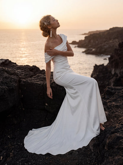 Satin Mermaid Wedding Dress with Off-Shoulder Draping — Illusion 2027, photograph 6