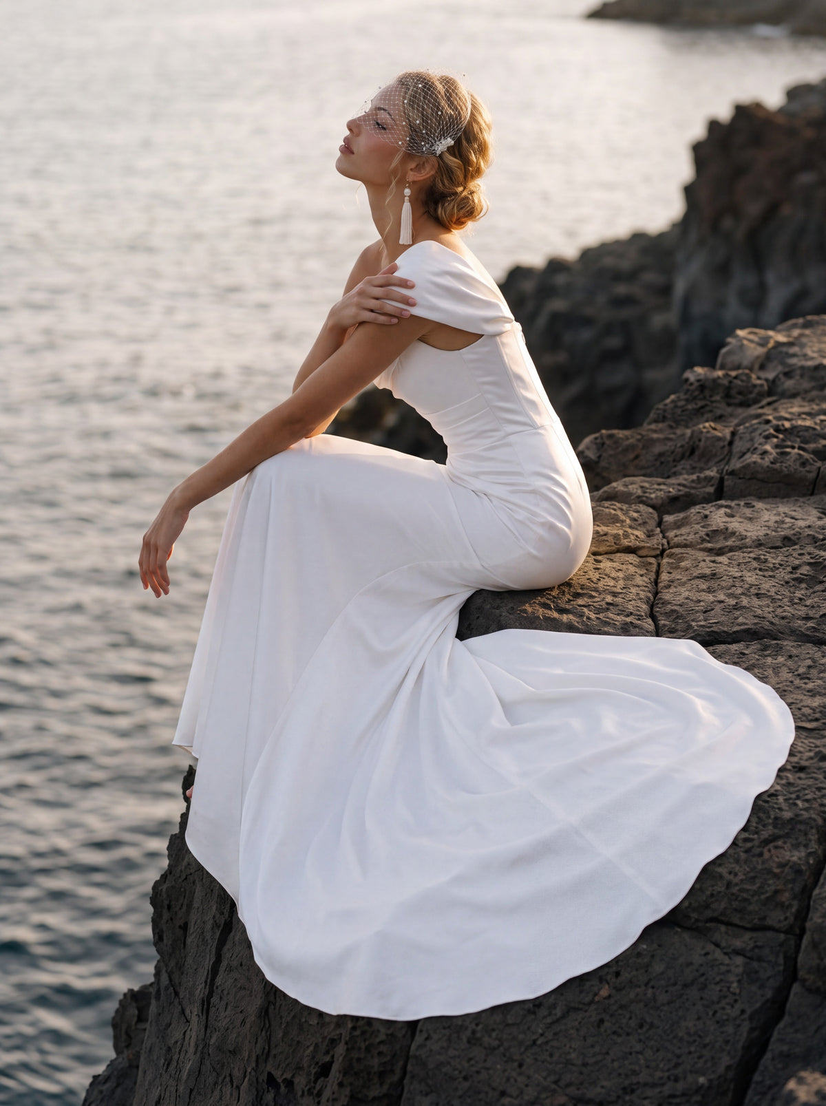 Satin Mermaid Wedding Dress with Off-Shoulder Draping — Illusion 2027, photograph 7