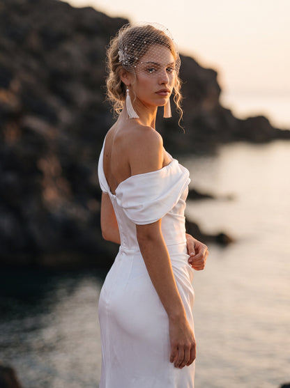 Satin Mermaid Wedding Dress with Off-Shoulder Draping — Illusion 2027, photograph 9