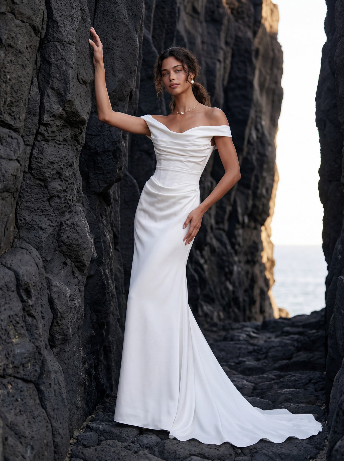 Satin Mermaid Wedding Dress with Off-Shoulder Neckline — Illusion 2027, photograph 1