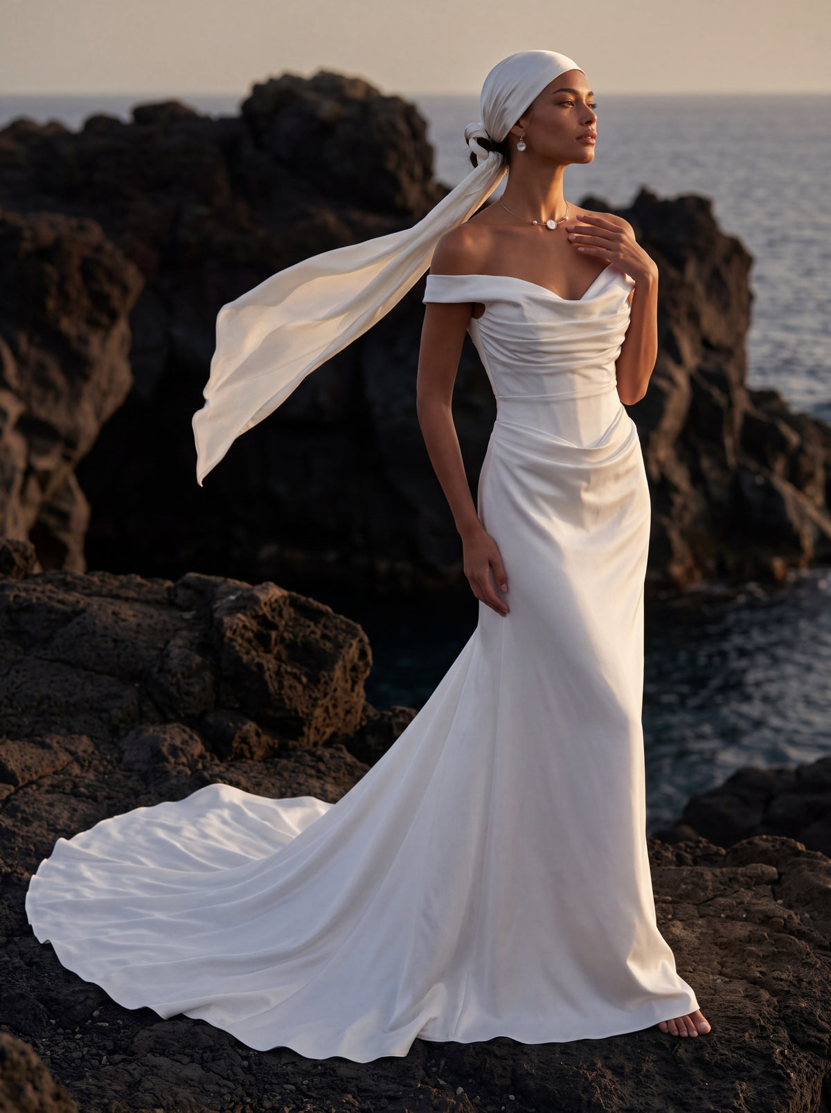 Satin Mermaid Wedding Dress with Off-Shoulder Neckline — Illusion 2027, photograph 10