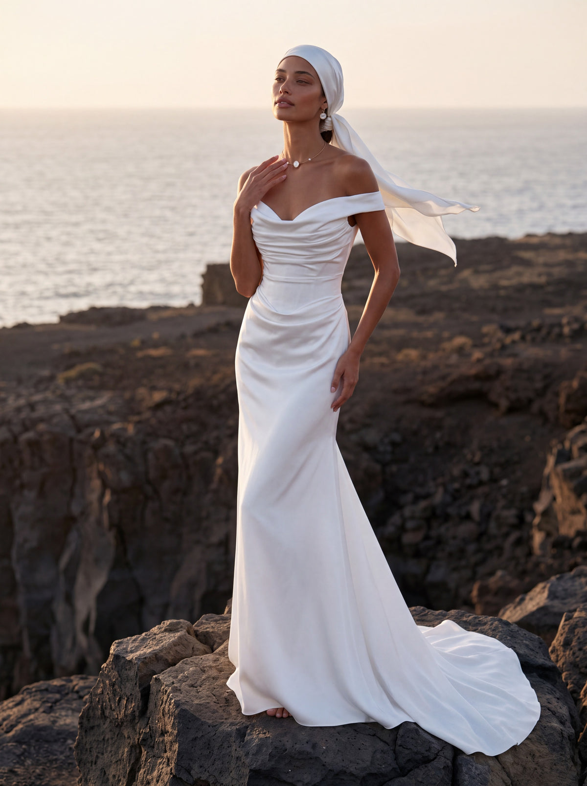 Satin Mermaid Wedding Dress with Off-Shoulder Neckline — Illusion 2027, photograph 11