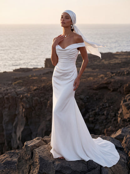 Satin Mermaid Wedding Dress with Off-Shoulder Neckline — Illusion 2027, photograph 11