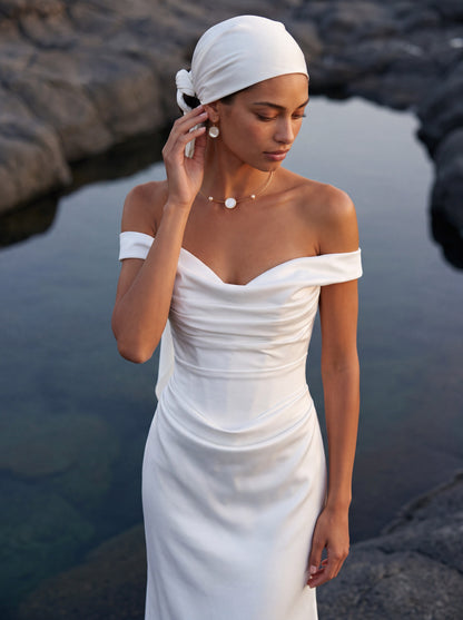 Satin Mermaid Wedding Dress with Off-Shoulder Neckline — Illusion 2027, photograph 12