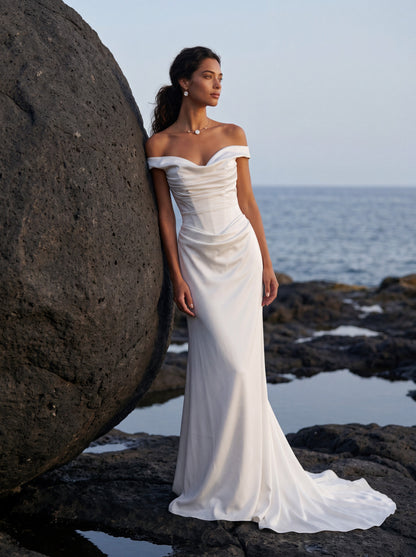 Satin Mermaid Wedding Dress with Off-Shoulder Neckline — Illusion 2027, photograph 2